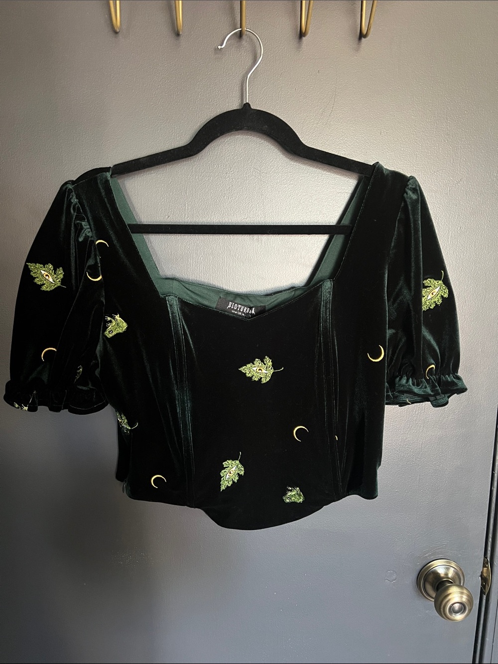 Disturbia NWT Swamp Life Dark Green Velvet Embroidered Puff Sleeve Top